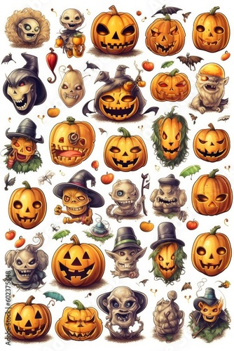 sheet full halloween elements - pumpkins, bats, ghosts, skeletons. Ai generative