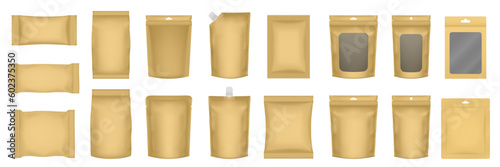 Set of realistic pouch mockups. Gold flow pack, sachet, zip bag and doypack. Ice cream wrapper. Sheet mask sachet. Soap or wet wipes packaging.