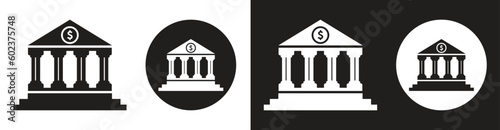Bank building black and white vector icon set,Financial institution flat icon for apps and websites