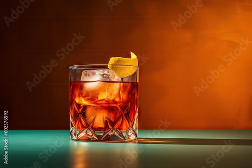 Classic Old Fashioned cocktail with ice cube and orange peel, Generative AI