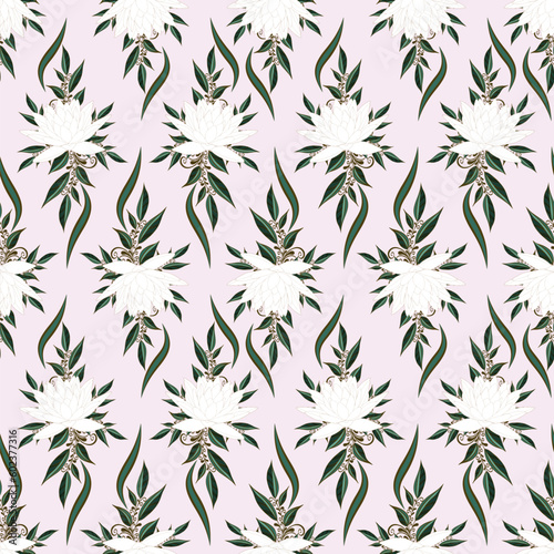 Seamless pattern white lotus flower with green-gold branches