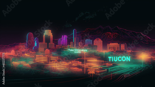 Tucson City in Neon: A Vibrant Digital Illustration, generative AI