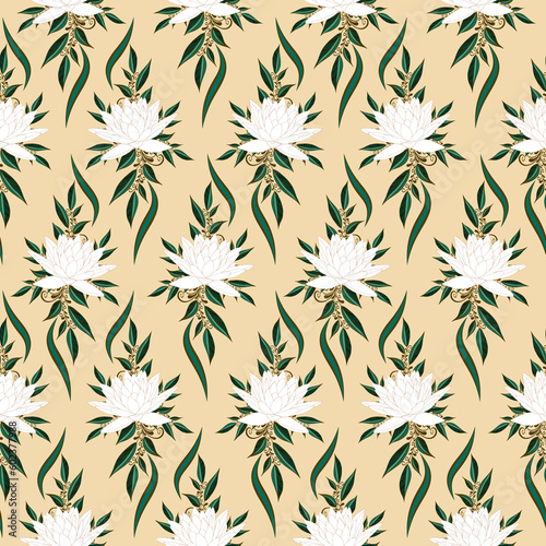 Seamless pattern white lotus flower with green-gold branches