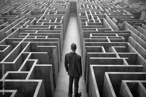 Businessman in a maze labyrinth making the right choice. Business concept, generative ai edited