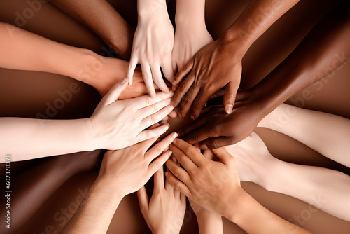 All hands together, united diversity or multi-cultural partnership in a group. Generative ai	