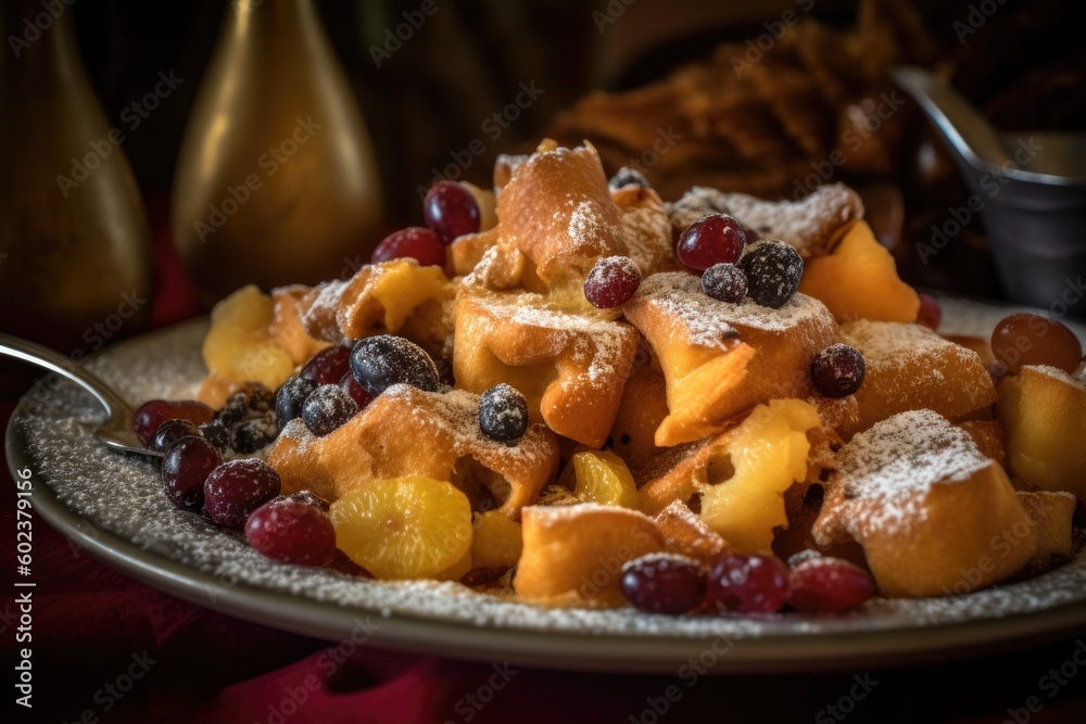 Homemade waffles with fresh berries and powdered sugar also called Austrian Kaiserschmarrn - made with generative AI