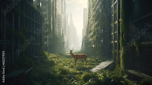 2050 year. After the apocalypse, a large city is covered with green plants. created with Generative AI technology.