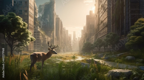 2050 year. After the apocalypse, a large city is covered with green plants. created with Generative AI technology.