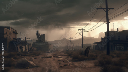 Post apocalyptic wasteland created with Generative AI technology.
