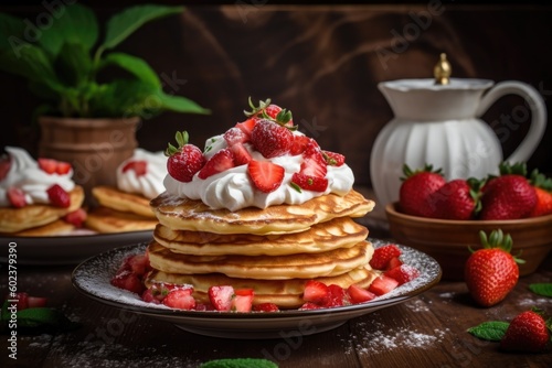 Pancakes with strawberries and whipped cream on a black background. - made with generative AI