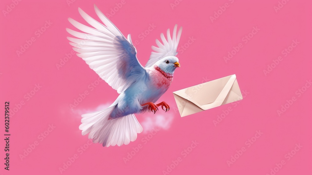 Bird with envelope on pink background. Generative Ai Bird with envelope on pink background. Generative Ai