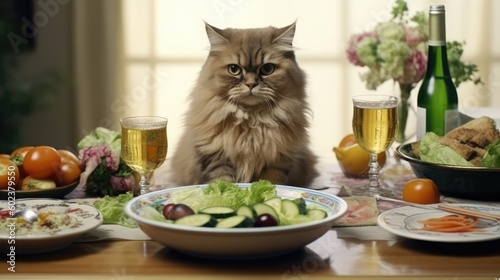 Fat cat with big salad and healthy food on the table.Generative Ai
