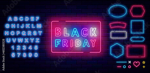 Black friday neon label. Colorful handwritten text. Special offer sale. Shiny blue alphabet. Vector stock illustration