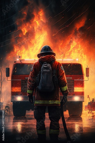 illustration, fireman at work fire truck background, ai generative photo