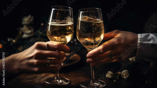 Two glasses with champagne clink glasses. Generative AI