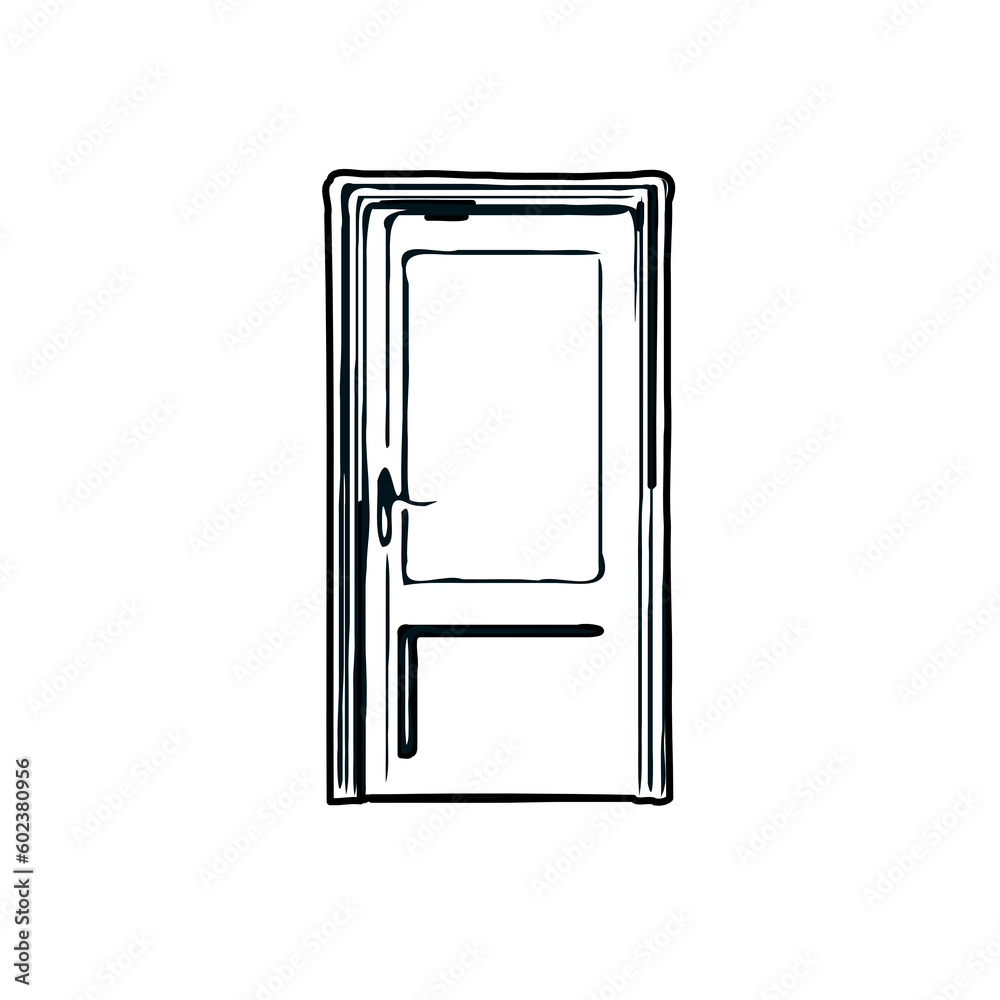 black and white sketch of a house door design with a transparent background