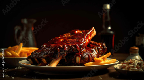 Grilled bbq ribs with sauce. Generative AI