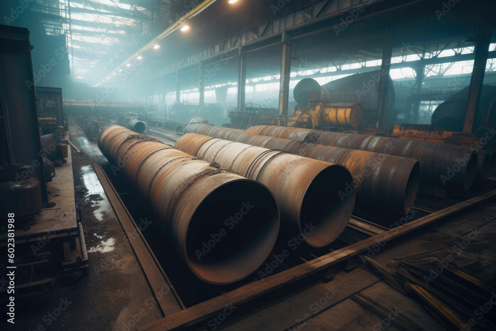 A massive Steel Pipe factory with huge cylindrical pipes, heavy-duty machinery. Generative AI A massive Steel Pipe factory with huge cylindrical pipes, heavy-duty machinery. Generative AI
