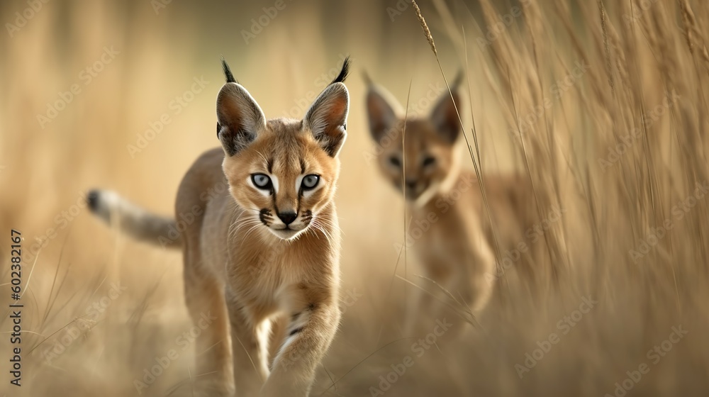 Fototapeta premium Eine majestätische Bengal-Katzenmutter und ihr neugieriges Baby erkunden gemeinsam die unberührte Wildnis. Ihre auffälligen Rosettenmuster verschmelzen nahtlos mit der üppigen Vegetation.