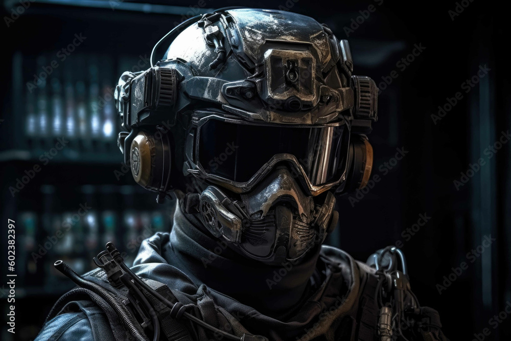 Sci-fi Battle Movie-Style dogma warrior in tactical police gear. Generative AI