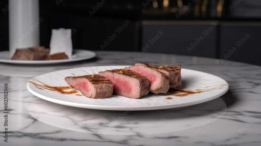 The white dinner plate has beef slices on it. Generative AI