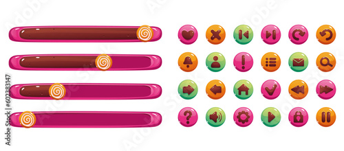 Candy cookie game ui load slider button cake isolated set. Vector graphic design element illustration