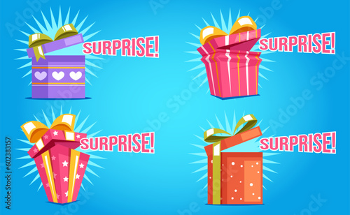 Gift box present open surprise package birthday concept. Vector graphic design element illustration