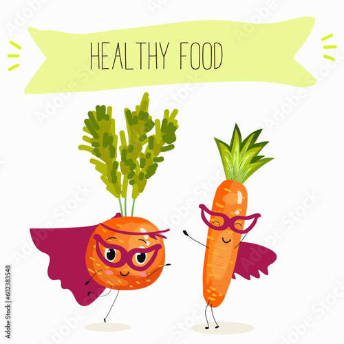 Illustration with funny vegetables characters  paris carrot, pectin,
 beta carotene, vegetarian, daucus carota, dutch carrot. Funny and healthy food. Vitamins, salad, cute face food, ingredients.