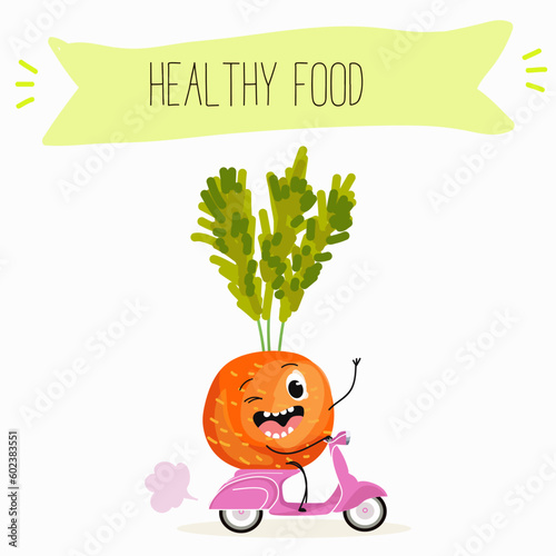 Illustration with funny vegetables characters  paris carrot, pectin,
 beta carotene, vegetarian, daucus carota, dutch carrot. Funny and healthy food. Vitamins, salad, cute face food, ingredients.