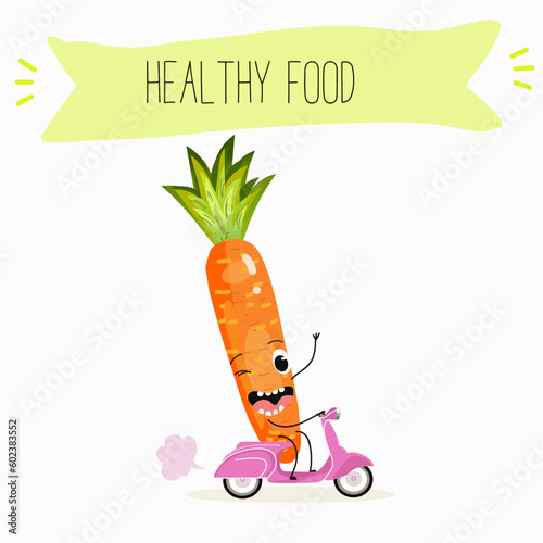 Illustration with funny vegetables characters  paris carrot, pectin,
 beta carotene, vegetarian, daucus carota, dutch carrot. Funny and healthy food. Vitamins, salad, cute face food, ingredients.