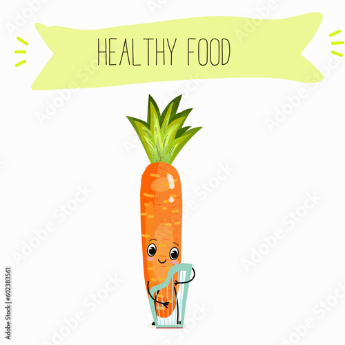 Illustration with funny vegetables characters  paris carrot, pectin,
 beta carotene, vegetarian, daucus carota, dutch carrot. Funny and healthy food. Vitamins, salad, cute face food, ingredients.