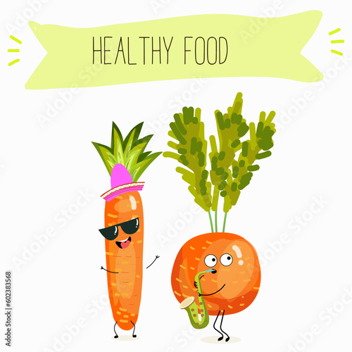 Illustration with funny vegetables characters  paris carrot, pectin,
 beta carotene, vegetarian, daucus carota, dutch carrot. Funny and healthy food. Vitamins, salad, cute face food, ingredients.