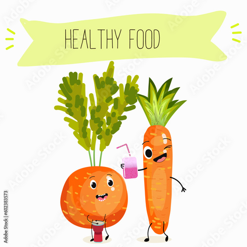 Illustration with funny vegetables characters  paris carrot, pectin,
 beta carotene, vegetarian, daucus carota, dutch carrot. Funny and healthy food. Vitamins, salad, cute face food, ingredients.