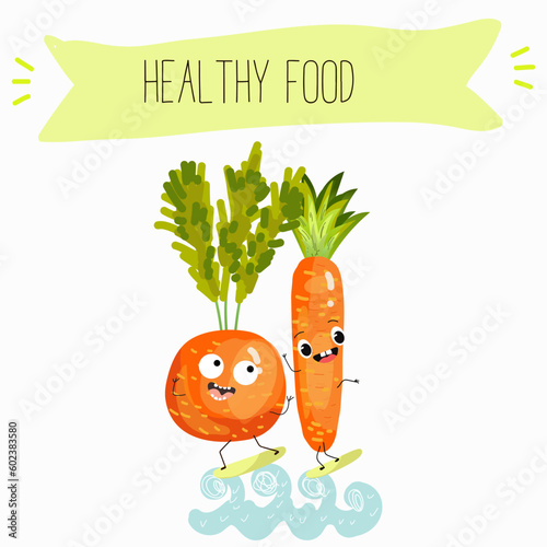 Illustration with funny vegetables characters  paris carrot, pectin,
 beta carotene, vegetarian, daucus carota, dutch carrot. Funny and healthy food. Vitamins, salad, cute face food, ingredients.