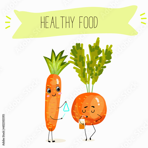 Illustration with funny vegetables characters  paris carrot, pectin,
 beta carotene, vegetarian, daucus carota, dutch carrot. Funny and healthy food. Vitamins, salad, cute face food, ingredients.