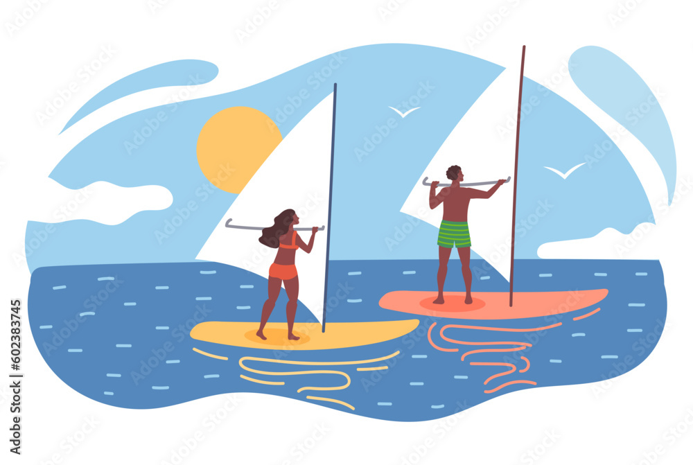 Sailing, a man and a woman ride boards with a sail. An African American couple is engaged in water sports.