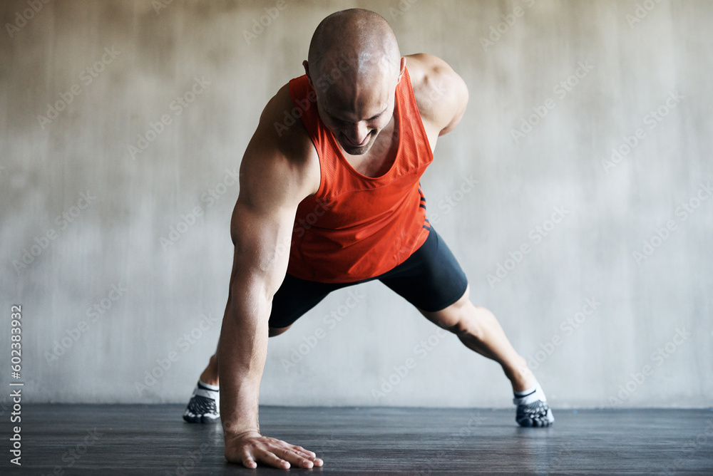 Fitness, strong man and one arm push up for gym studio exercise, bodybuilder workout or sports training. Endurance challenge, muscle building or active male athlete doing floor pushup for health goal Fitness, strong man and one arm push up for gym studio exercise, bodybuilder workout or sports training. Endurance challenge, muscle building or active male athlete doing floor pushup for health goal