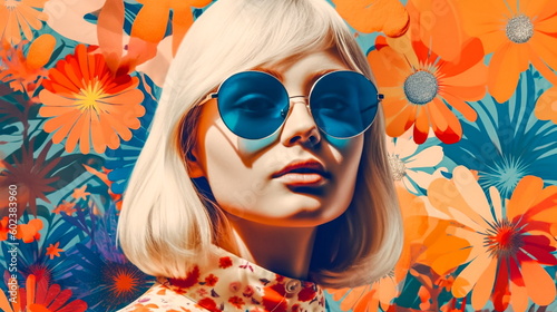 60s fashion blonde woman wearing trendy sunglasses. Summer collage. Generative ai