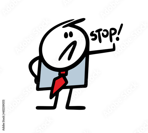 Doodle stickman in a business suit stretched out his palm forward and shielded himself from problems. Vector illustration of a stopping character.