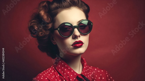 Retro stylefashion woman wearing trendy sunglasses. Pin up girl. Generative ai