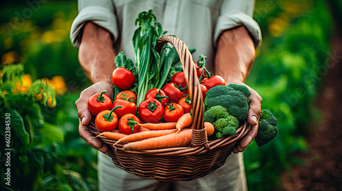 A farmer holds a basket of vegetables in his hands. Ingathering. Generative AI. 