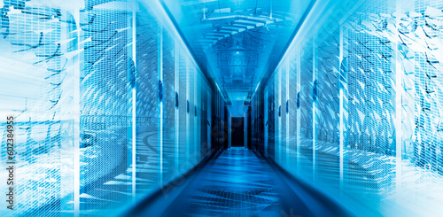 3d render of Data Center Full of Rack Servers. Concept of High Speed Internet with Blue Neon Visualization Projection of Binary Data Transfer