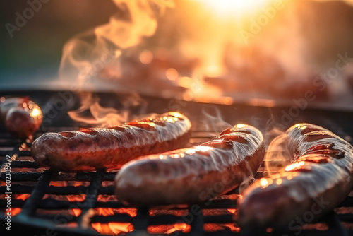 Appetitive grilled sausage on the flaming grill. Delicious crisp sausages. Generative AI photo