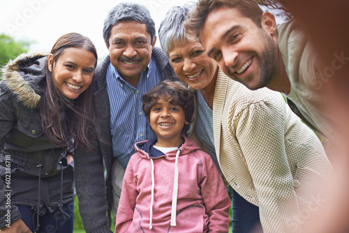 Selfie, nature and portrait of happy big family faces on an outdoor adventure and travel together. Love, smile and boy child taking picture with his grandparents and parents on holiday or vacation. © Hova/peopleimages.com