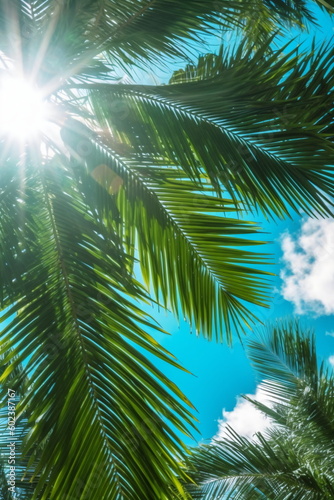 Kokospalme Palmenblätter mit blauen Himmel Hintergrund - mit KI erstellt 