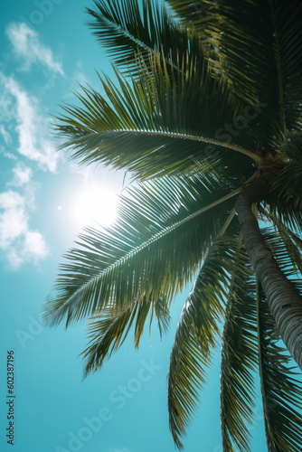 Kokospalme Palmenbl  tter mit blauen Himmel Hintergrund - mit KI erstellt 