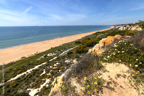 One of the most beautiful beaches in Spain, called (Arenosillo, Huelva) in Spain.  Surrounded by dunes, vegetation and cliffs.  A gorgeous beach.