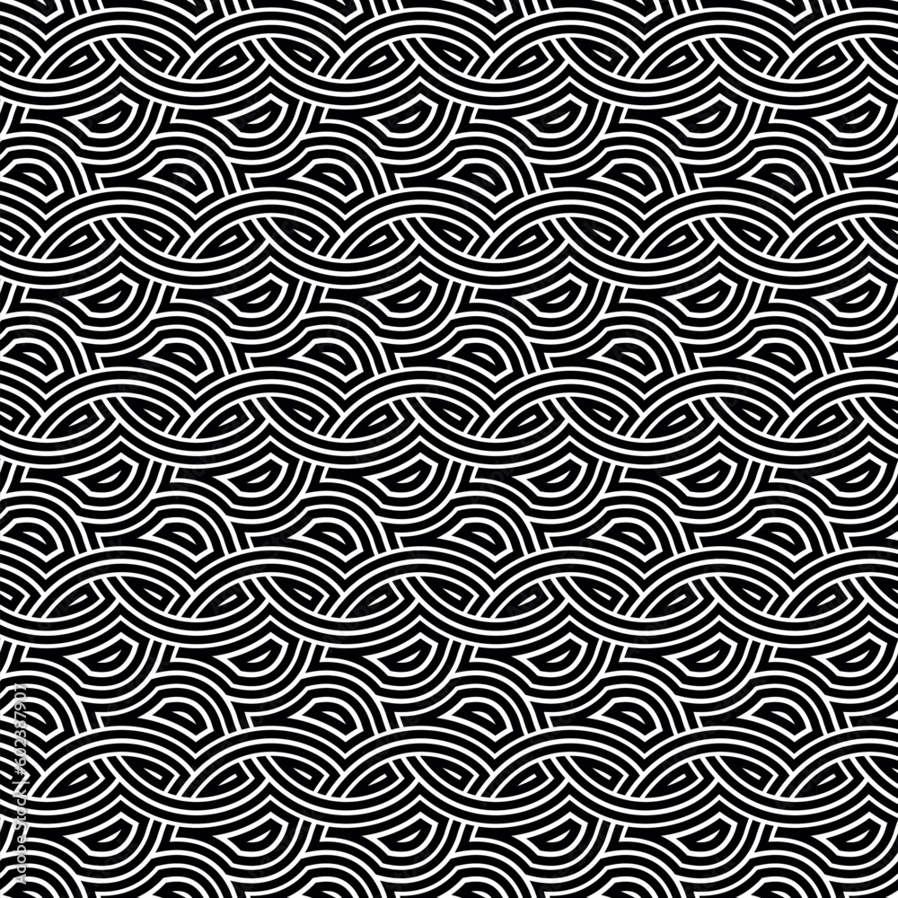 Seamless vector pattern with intertwined wavy black and white lines. Interlocking geometric elements. Decorative background. Striped texture for textile, wrapping, and packaging.