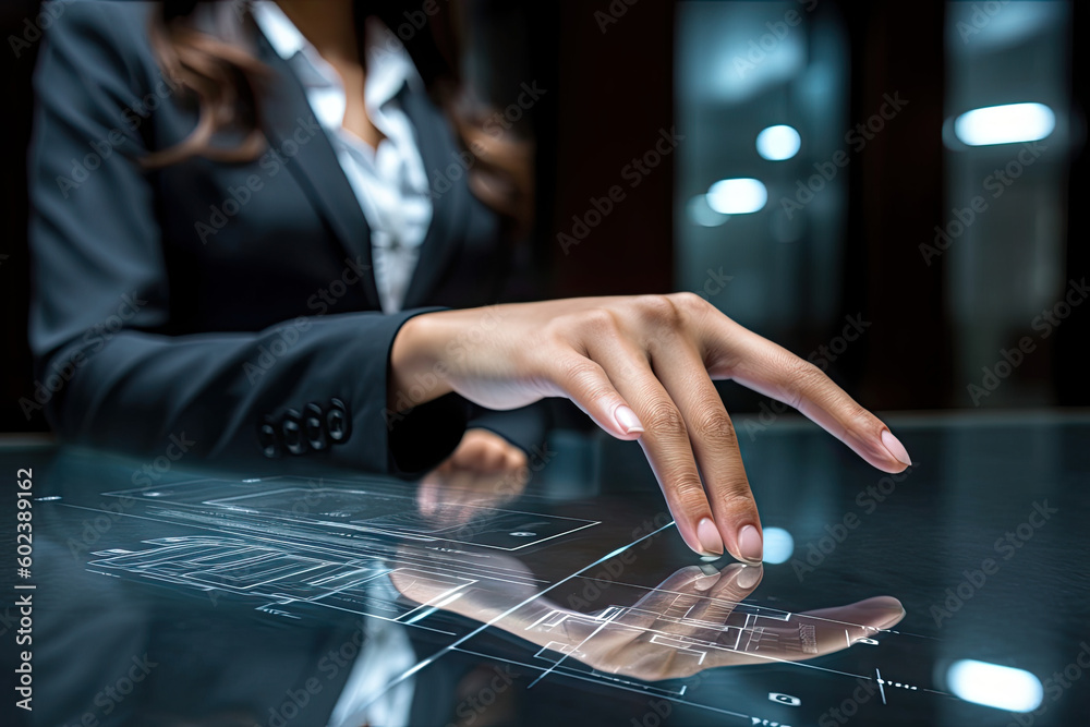 Professional Businesswoman Engaged in Digital Document Management on Virtual Screen, Created using generative AI Professional Businesswoman Engaged in Digital Document Management on Virtual Screen, Created using generative AI
