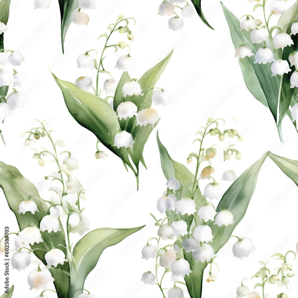 Seamless pattern with Lily of the valley May bell floral plants